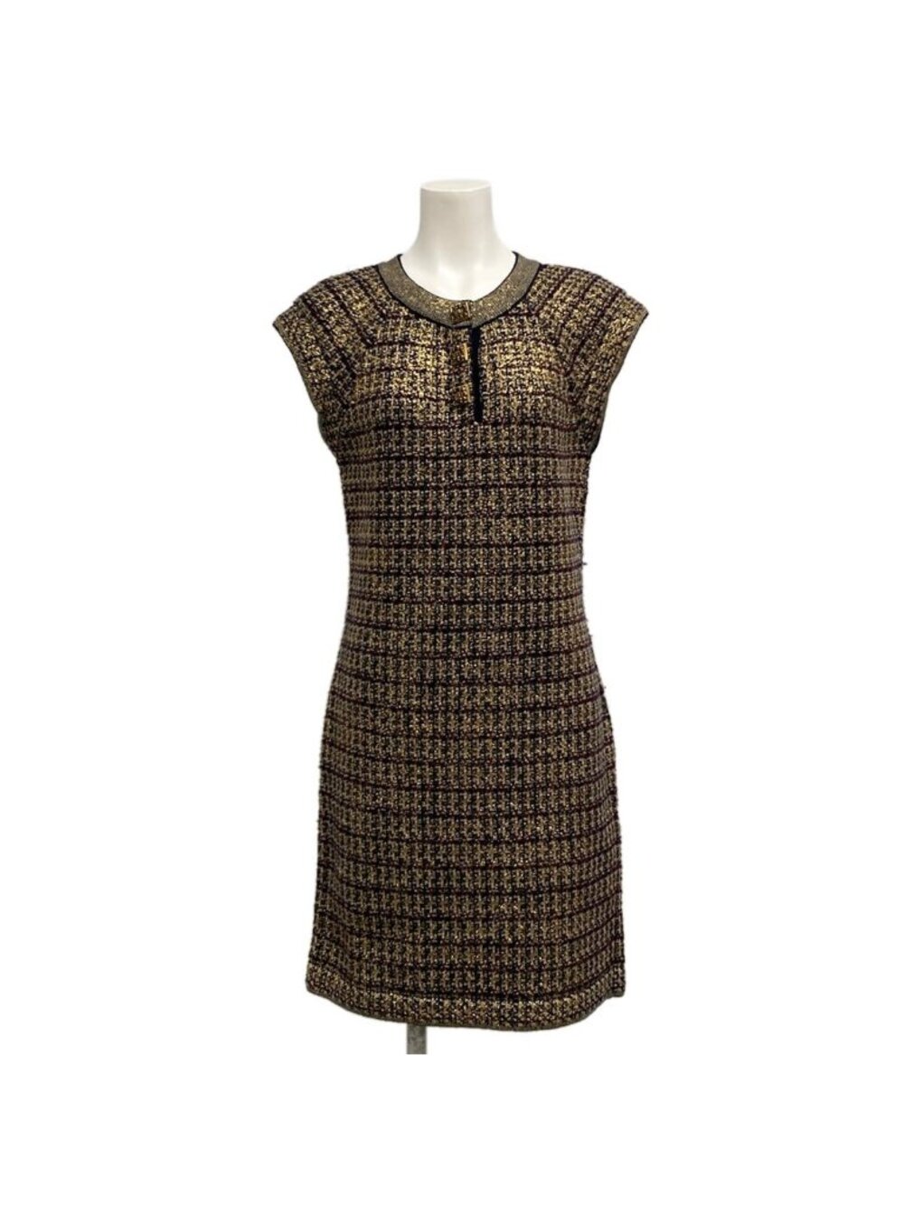 Chanel Dress S Gold Black Bordeaux Wool